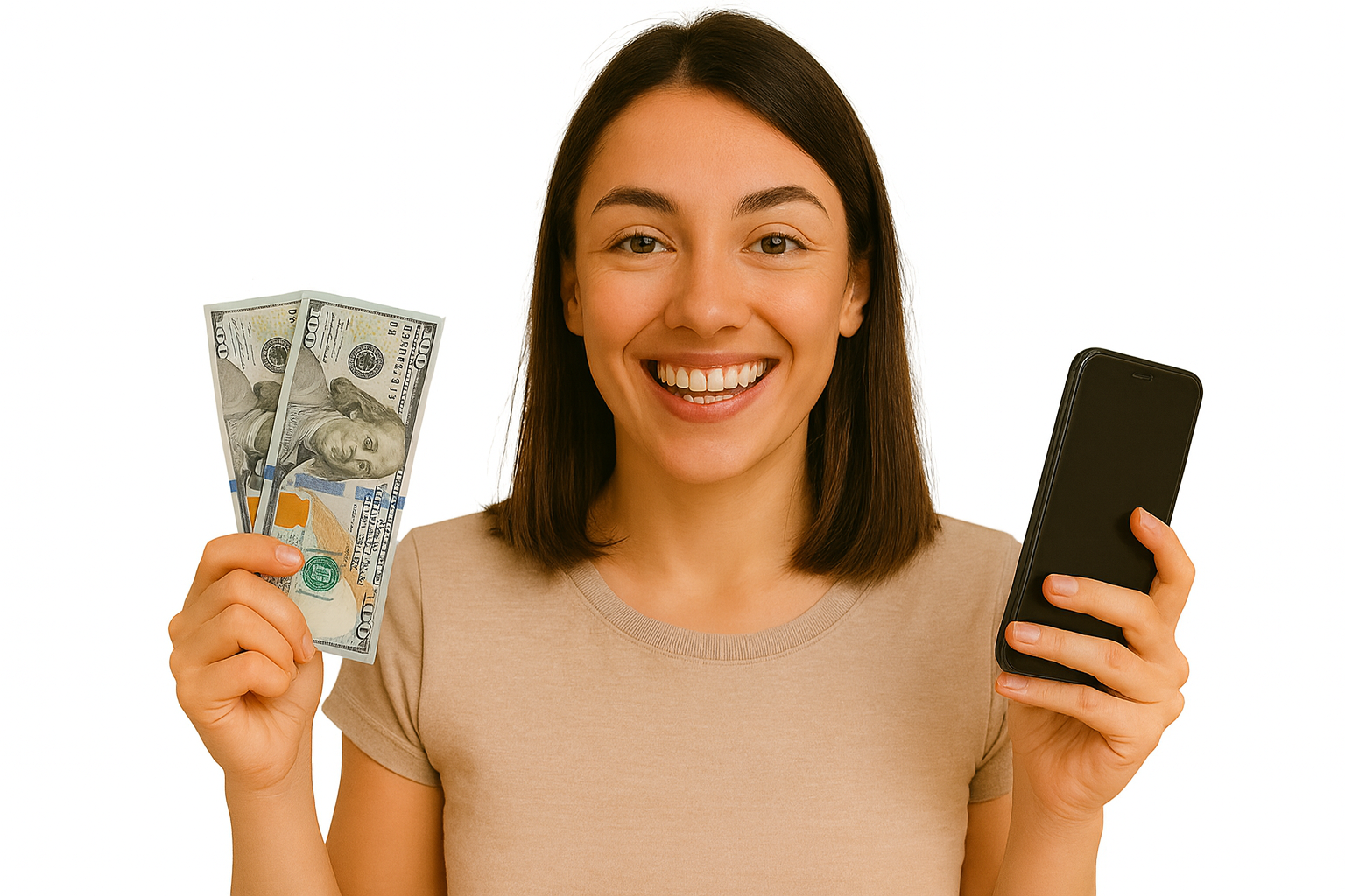 Young woman holding bills and smiling